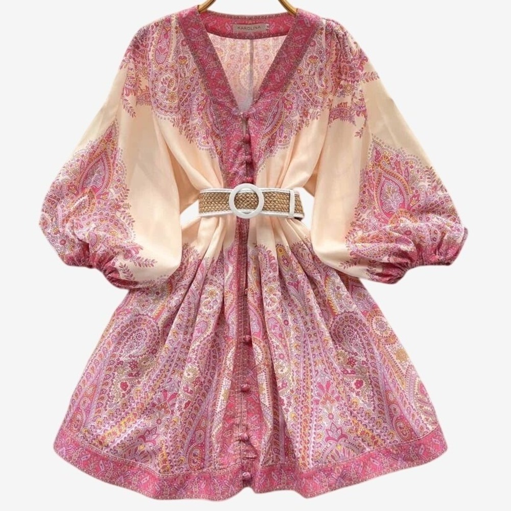 Karolina Paisley Mini Dress Pink Cream Button Front Balloon Sleeve Pleated XXL